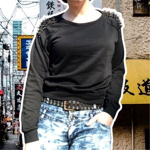 Cotton Candy Cropped Black Sweatshirt with Spike Epaulettes, Size S